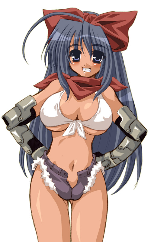 1girl ahoge bandana bandana_around_neck black_gloves blacksmith_(ragnarok_online) blue_eyes blue_hair bow breasts cleavage crop_top cropped_shirt cutoffs elbow_gloves gloves grin hair_between_eyes hair_bow hakoiri_nyanko hands_on_own_hips huge_ahoge large_breasts long_hair micro_shorts navel open_fly purple_shorts ragnarok_online red_bandana red_bow shirt shorts simple_background sleeveless sleeveless_shirt smile solo standing teeth tied_shirt underboob very_long_hair white_background white_shirt