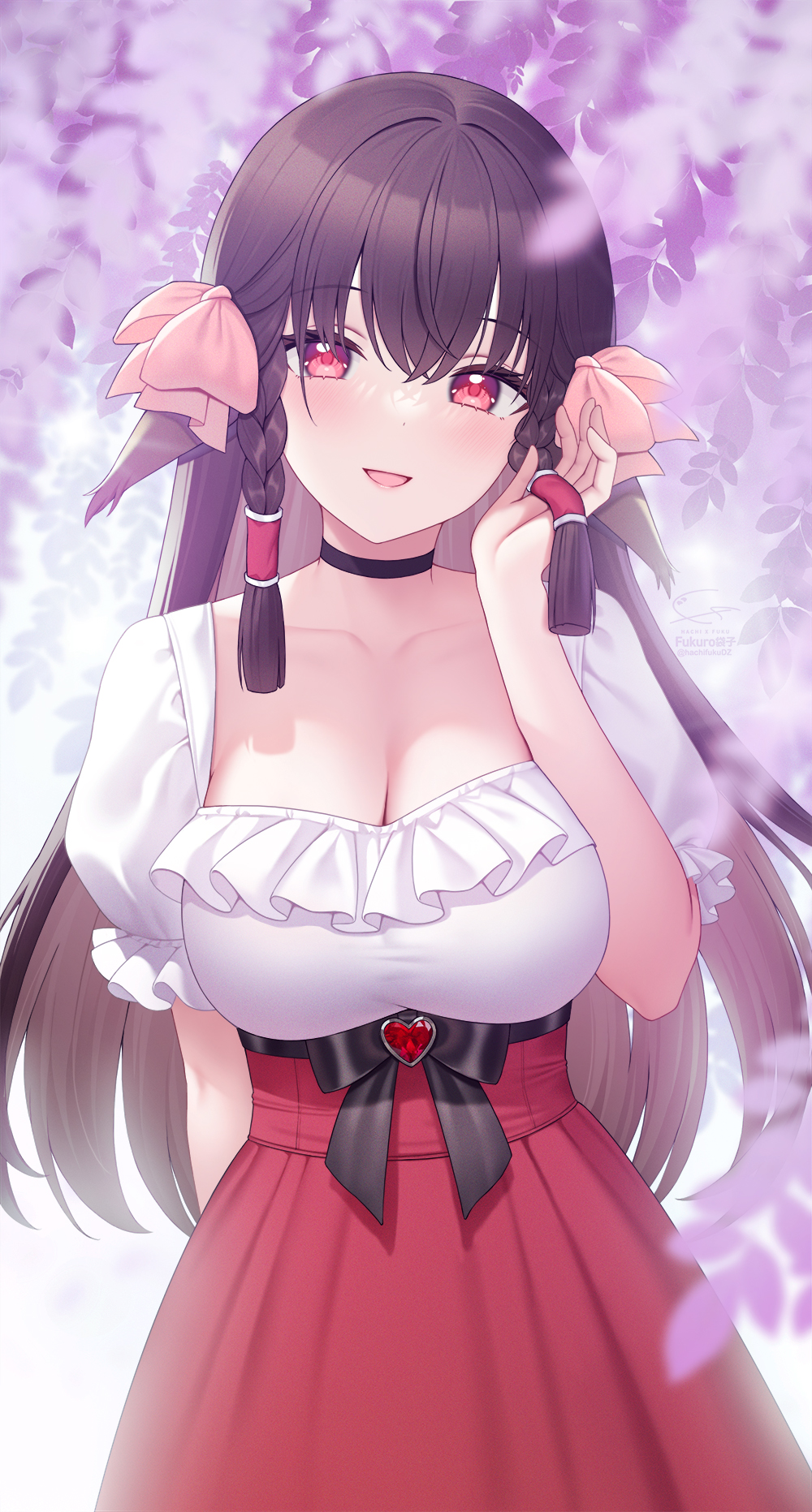 1girl animal_ears aquaplus arm_up blush braid breast_press breasts brown_hair choker cleavage cleavage_cutout clothing_cutout collarbone cowboy_shot dress flower frilled_dress frilled_sleeves frills fukuro_daizi gradient_eyes hair_between_eyes hair_over_one_eye hair_ribbon head_tilt highres holding holding_own_hair large_breasts lips long_hair looking_at_viewer multicolored_eyes open_mouth outdoors puffy_short_sleeves puffy_sleeves raised_eyebrows red_eyes ribbon rulutieh short_sleeves sidelocks solo standing tongue utawarerumono utawarerumono:_itsuwari_no_kamen very_long_hair wisteria