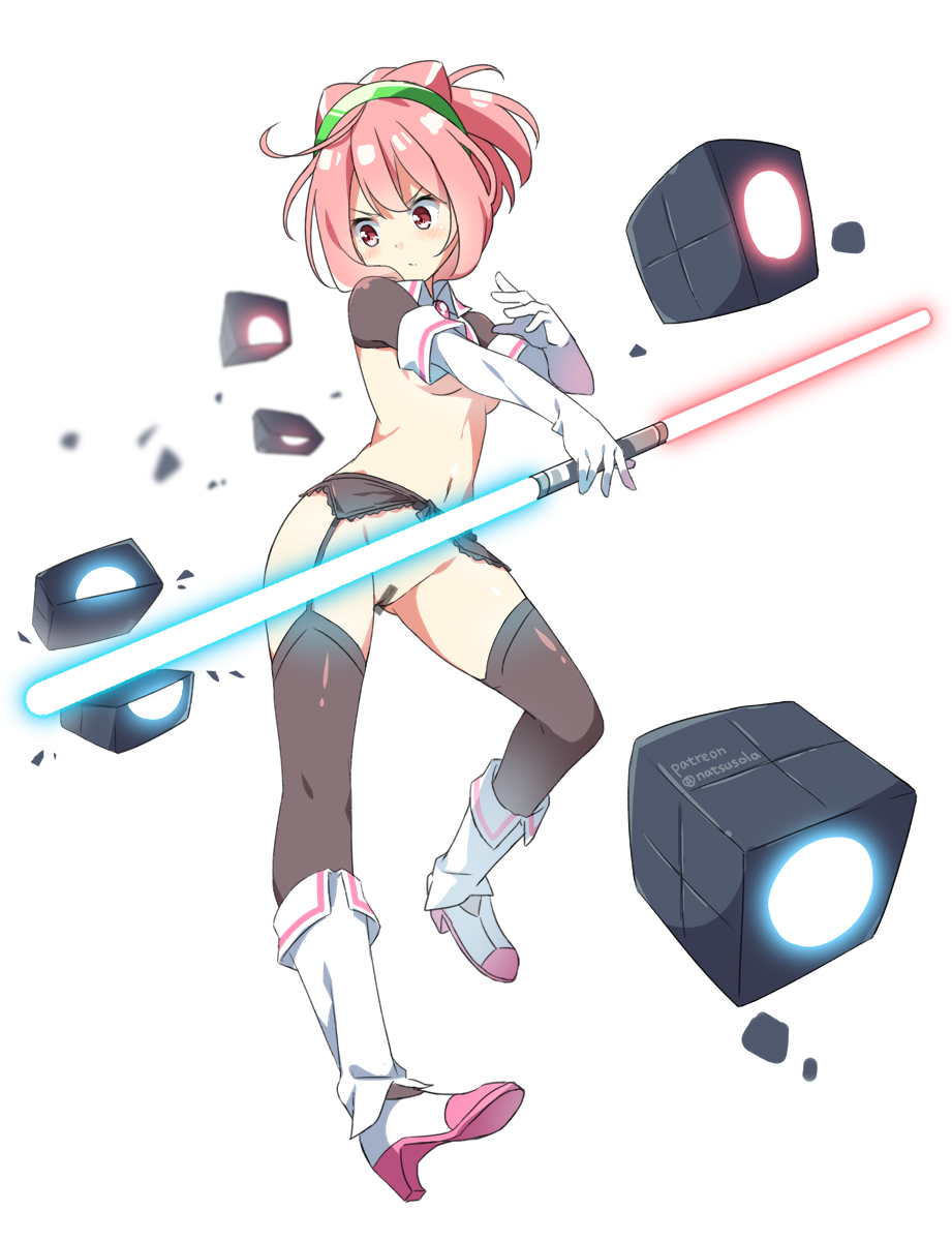 1girl bar_censor beat_saber blush boots breasts brown_thighhighs censored closed_mouth elbow_gloves energy_sword garter_belt gloves hacka_doll hacka_doll_2 hatsunatsu high_heel_boots high_heels high_ponytail highres holding holding_weapon lightsaber looking_away looking_to_the_side nude pink_hair ponytail pussy red_eyes sidelocks simple_background small_breasts solo sword thighhighs twitter_username v-shaped_eyebrows weapon white_background white_footwear white_gloves