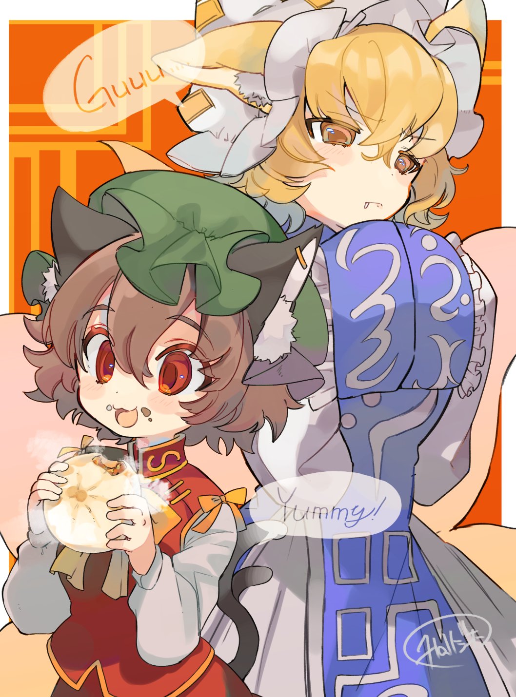 2girls :d animal_ear_fluff animal_ear_piercing animal_ears blonde_hair blue_tabard brown_eyes brown_hair bun_(food) cat_ears cat_tail chen commentary_request double-parted_bangs dress drooling earrings ears_through_headwear eating english_text food food_on_face forked_tail fox_ears gold_trim hair_between_eyes hall_jion hands_in_opposite_sleeves hands_up happy highres holding holding_food jewelry long_sleeves messy_hair multiple_girls multiple_tails nekomata open_mouth orange_eyes puffy_long_sleeves puffy_sleeves red_eyes red_skirt red_vest short_hair signature single_earring skirt skirt_set smile speech_bubble tabard tail touhou vest white_dress yakumo_ran