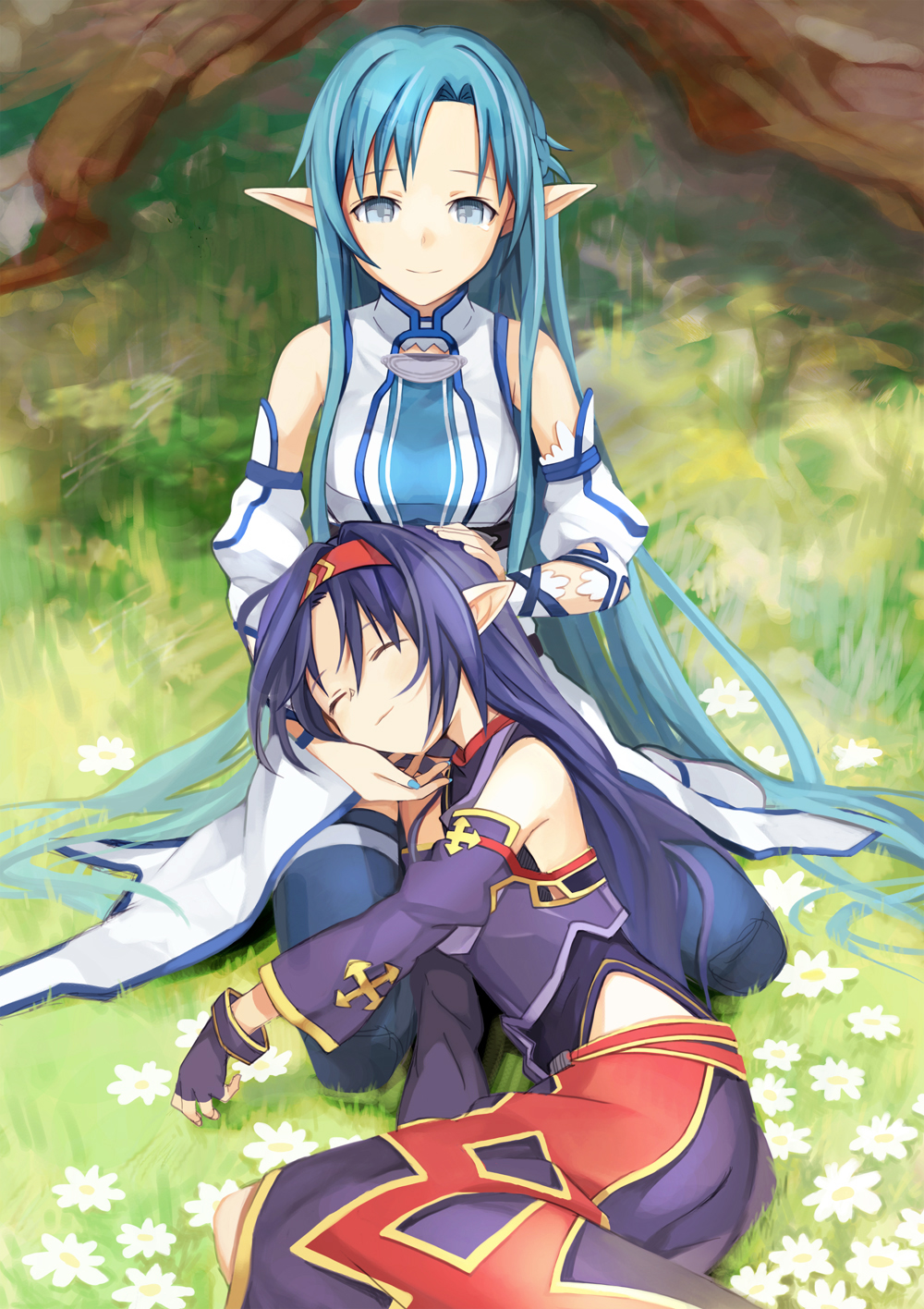 10s 2girls armor asuna_(sao) asuna_(sao-alo) black_hair blue_eyes blue_hair breastplate detached_sleeves closed_eyes fingerless_gloves gloves hairband highres kari_kenji lap_pillow long_hair multiple_girls sleeping sword_art_online thighhighs yuuki_(sao)