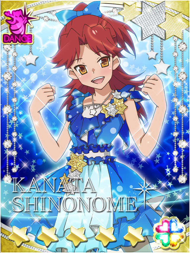 1girl :d akb0048 blue_background blue_bow blue_dress bow card_(medium) character_name clenched_hands cowboy_shot curtained_hair dress hair_bow heart high_ponytail long_hair non-web_source official_art open_mouth orange_eyes red_hair shinonome_kanata sleeveless sleeveless_dress smile solo sparkle standing star_(symbol) teeth upper_teeth_only v_arms