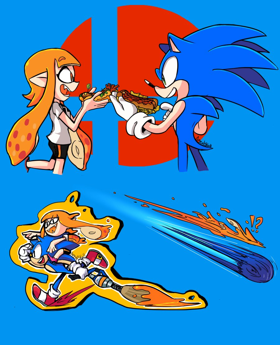 1boy 1girl agentskull72 blue_background blue_fur carrying child chili_dog concert eating fangs food furry furry_male gloves inkling inkling_girl inkling_player_character long_hair nintendo orange_hair piggyback sega shirt shoes short_hair_with_long_locks simple_background smile sneakers socks sonic_(series) sonic_the_hedgehog spiked_hair splatoon_(series) splatoon_1 squid_girl standing standing_on_one_leg super_smash_bros. tentacle_hair tight_shorts