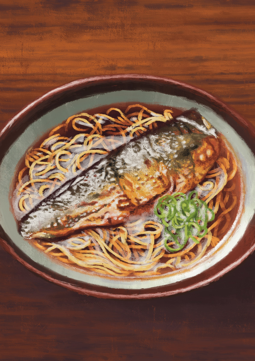 bell_pepper bell_pepper_slice bowl canvas_texture commentary_request faux_traditional_media fish_(food) food food_focus highres no_humans noodles original realistic sadajiro salmon soba steam table wooden_table