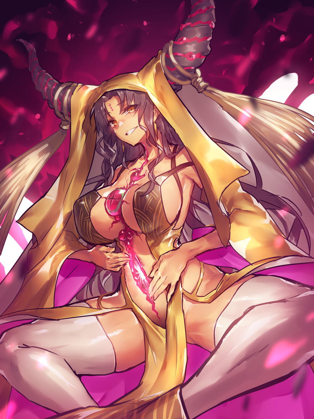 1girl armpits bare_shoulders black_hair blush breasts covered_erect_nipples detached_sleeves earrings fate/grand_order fate_(series) female_focus floating_earring highres horns jewelry large_breasts legs loincloth long_hair looking_at_viewer melon22 parted_lips revealing_clothes sessyoin_kiara sessyoin_kiara_(beast_iii/r) sideboob smile solo spread_legs thighhighs thighs third_eye veil very_long_hair wavy_hair white_thighhighs wide_sleeves yellow_eyes yellow_veil