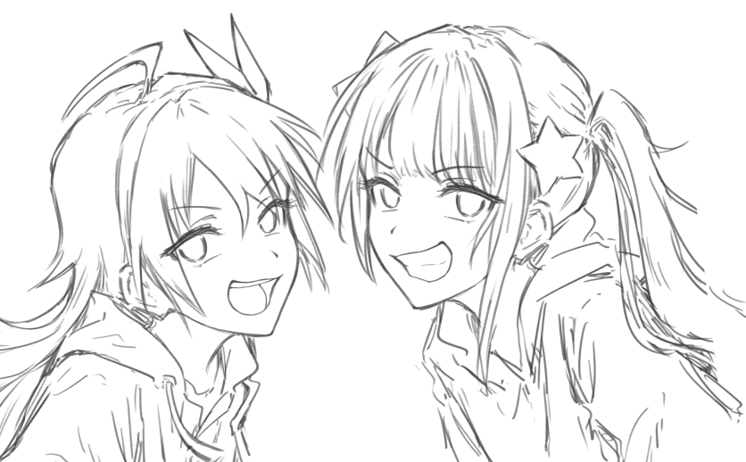 2girls :d ahoge blunt_bangs bullfalk d4dj grin hair_ornament hood hoodie ichihoshi_lumina kaibara_michiru long_hair looking_at_viewer monochrome multiple_girls open_mouth sidelocks simple_background sketch smile star_(symbol) star_hair_ornament teeth twintails upper_body upper_teeth_only v-shaped_eyebrows white_background