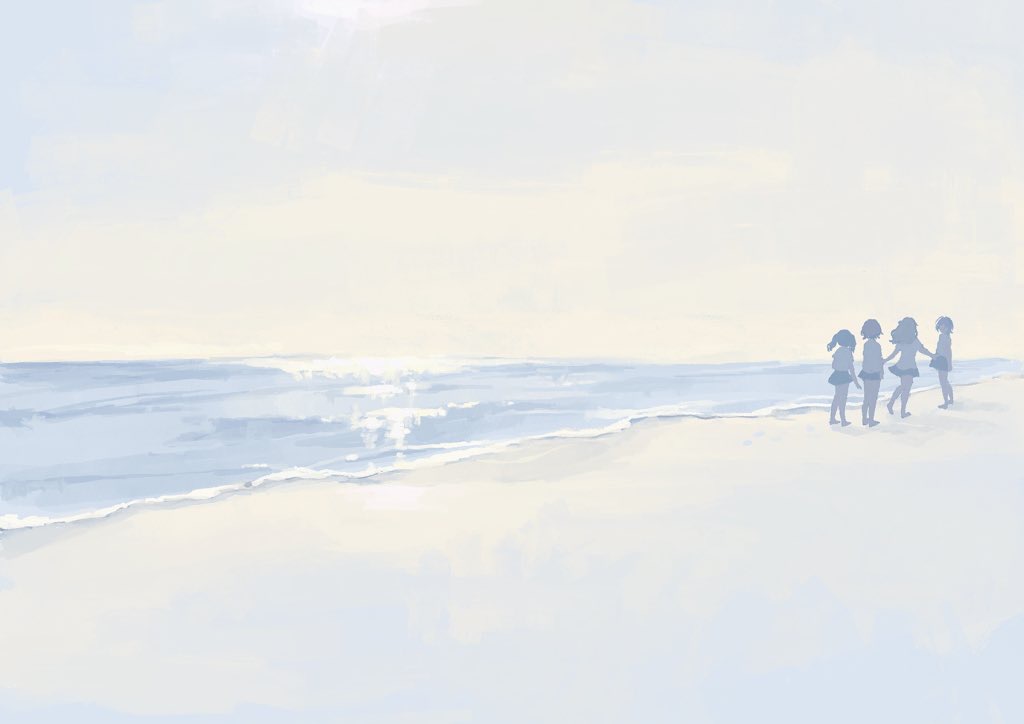 4girls asakura_toru barefoot beach black_hair black_skirt blue_sky brown_hair cloud cloudy_sky day fukumaru_koito higuchi_madoka horizon ichikawa_hinana idolmaster idolmaster_shiny_colors multiple_girls noctchill_(idolmaster) nonaprev ocean outdoors sand shirt skirt sky twintails water white_shirt