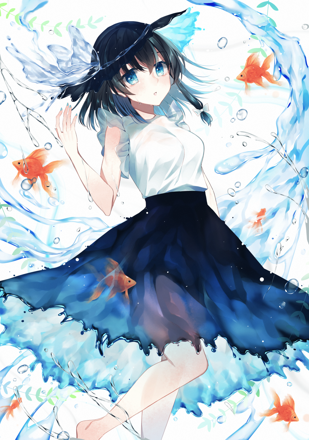 1girl black_hair black_hat black_skirt blue_eyes breasts fish goldfish hat highres kaede_(mmkeyy) liquid_clothes looking_at_viewer medium_hair parted_lips shirt short_sleeves skirt solo touhou usami_renko white_shirt