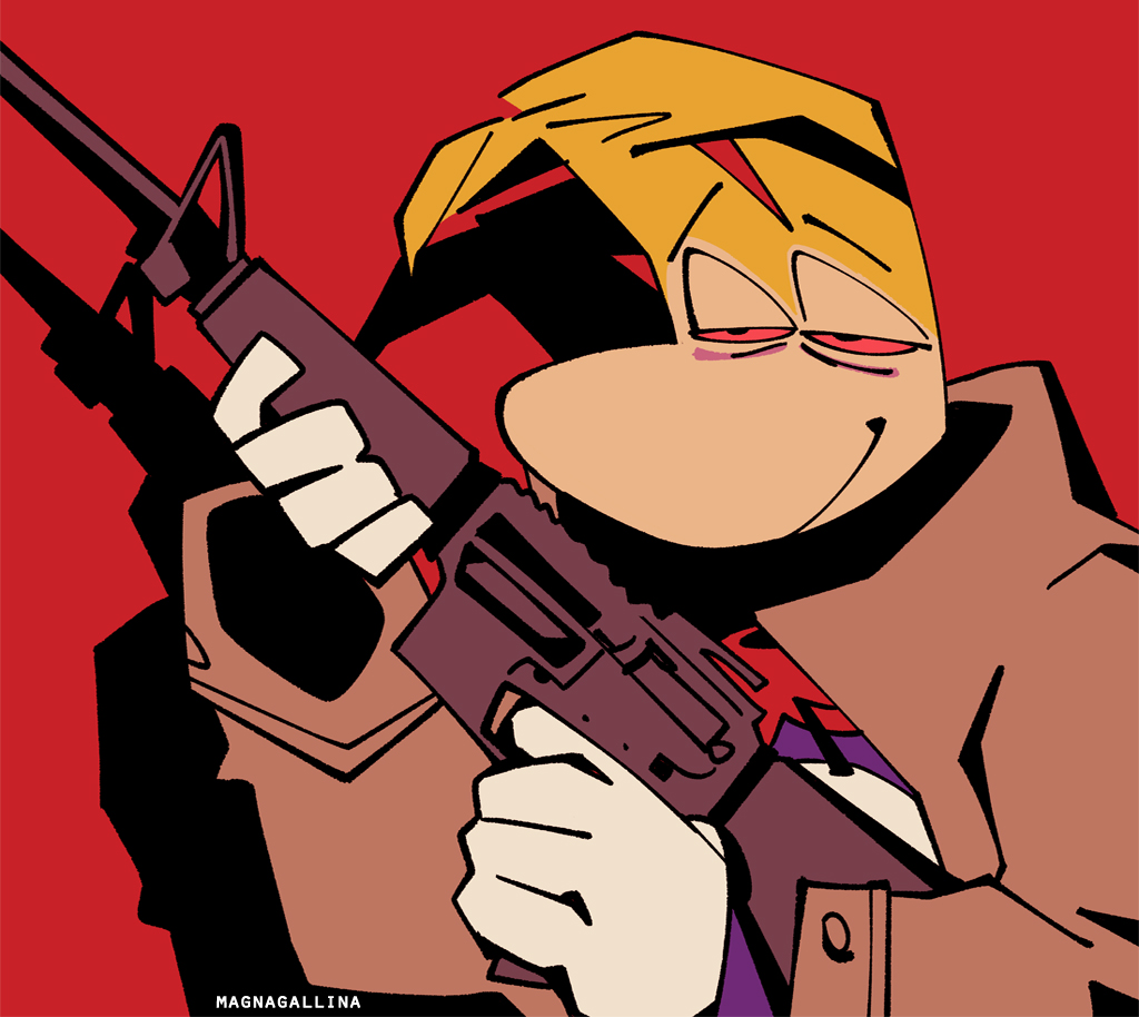 1boy ar-15 artist_name assault_rifle blonde_hair bloodshot_eyes brown_coat closed_mouth coat colored_sclera commentary english_commentary finger_on_trigger gun holding holding_gun holding_weapon magnagallina male_focus rayman rayman_(series) rayman_limbs red_background red_sclera rifle smile solo upper_body weapon