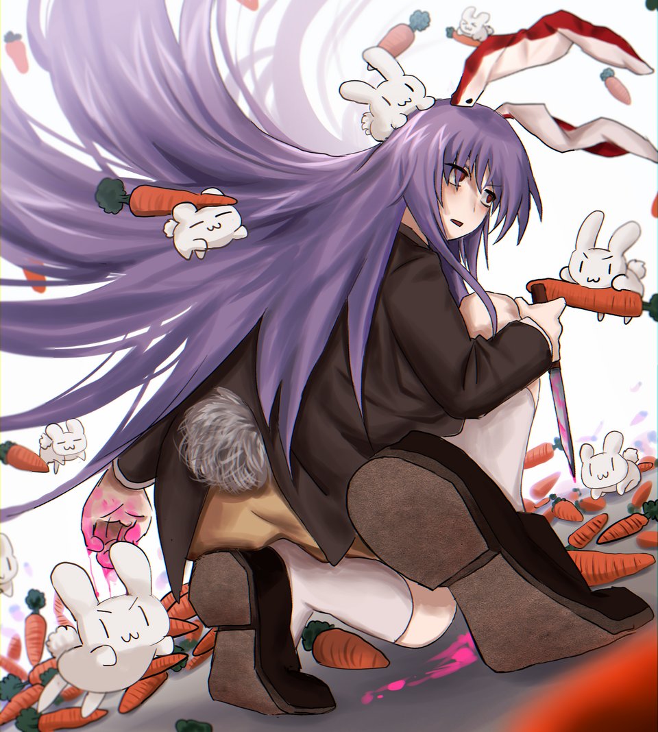 1girl ambiguous_pink_liquid animal_ears black_jacket blazer brown_footwear carrot colored_shoe_soles holding holding_knife inaba_mob_(touhou) jacket kneehighs knife loafers long_hair long_sleeves open_mouth pink_skirt purple_hair rabbit_ears rabbit_girl rabbit_tail red_eyes reisen_udongein_inaba shoe_soles shoes simple_background skirt socks solo tail touhou very_long_hair white_background white_socks yukine_0930