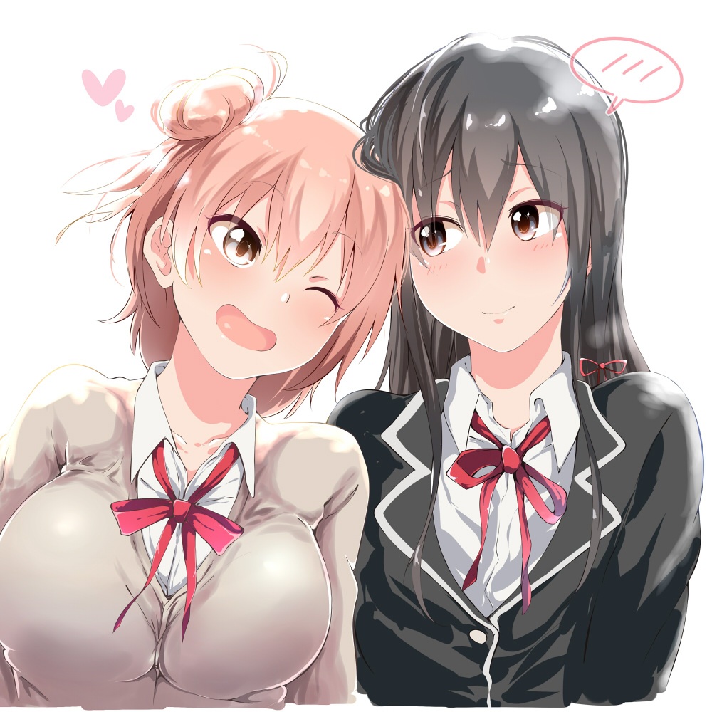 10s 2girls ;d black_hair blazer breasts cardigan jacket kurorettsu large_breasts long_hair multiple_girls one_eye_closed open_mouth orange_hair ribbon school_uniform smile speech_bubble spoken_blush yahari_ore_no_seishun_lovecome_wa_machigatteiru. yuigahama_yui yukinoshita_yukino yuri