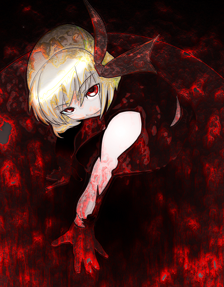 1girl arugeri blonde_hair dark embodiment_of_scarlet_devil female_focus looking_up red_eyes red_theme ribbon rumia short_hair solo touhou