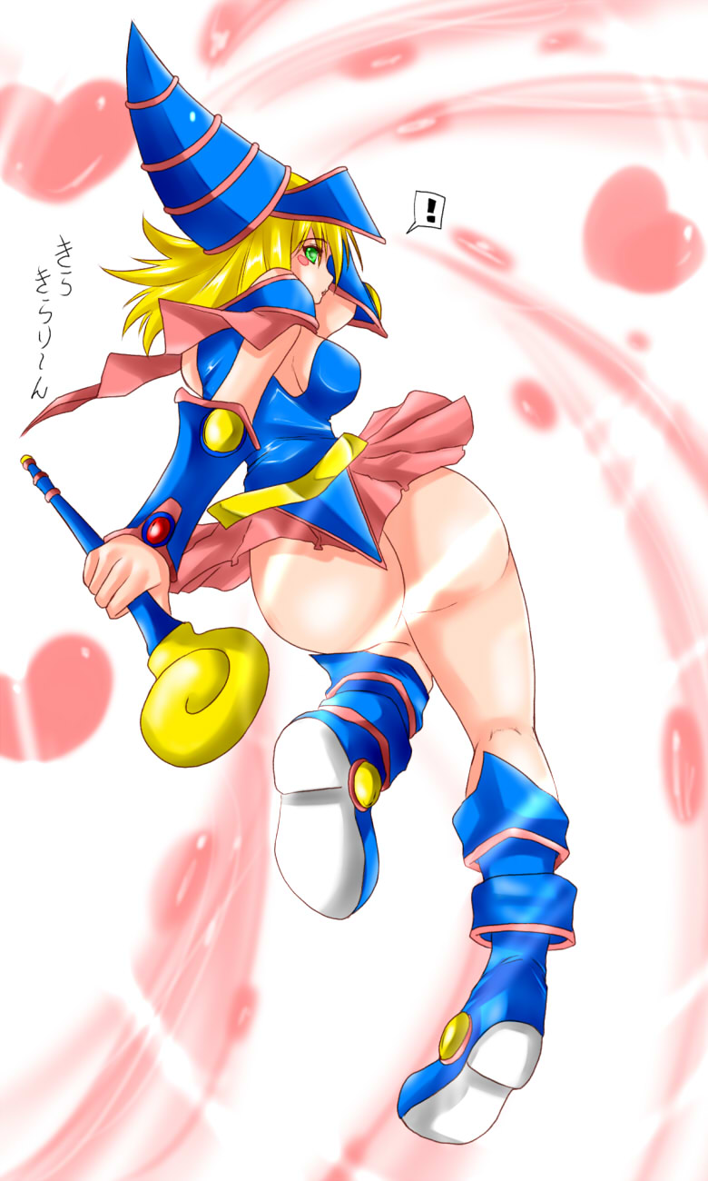 dark magician girl, yu-gi-oh!, yu-gi-oh! duel monsters, yuu-gi-ou, artist  request, highres, 1girl, ass, bare legs, blonde hair, breasts, female  focus, hat, large breasts, legs, looking at viewer, monster, no bra, solo,  wand,