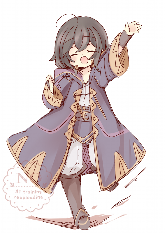 ahoge black_hair brown_footwear closed_eyes fire_emblem fire_emblem_awakening happy hood hooded_jacket jacket morgan_(female)_(fire_emblem) morgan_(fire_emblem) nintendo oversized_jacket pants smile teu_(navy) watermark waving white_background white_pants