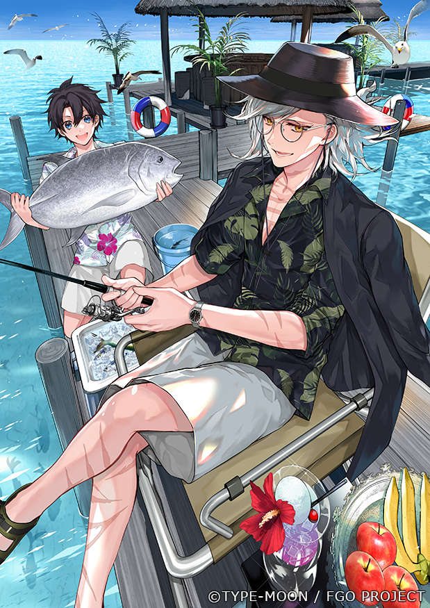 2boys :d alternate_costume animal apple banana bespectacled bird black_hair black_headwear black_jacket black_shirt blue_eyes bucket chair cherry cocktail_flower cooler copyright_notice crossed_legs cup drinking_glass edmond_dantes_(fate) fate/grand_order fate_(series) feet_out_of_frame fish fishing fishing_rod floral_print flower folding_chair food fruit fujimaru_ritsuka_(male) glasses hair_behind_ear hair_between_eyes hat hawaiian_shirt hibiscus holding holding_animal holding_fish holding_fishing_rod hurricane_glass ice_cream ice_cream_float jacket jacket_on_shoulders leaf_print lifebuoy looking_ahead looking_at_another lower_teeth_only medium_hair multiple_boys ocean official_art on_one_knee open_collar open_mouth pier plant plate red_flower round_eyewear sandals scar scar_on_arm scar_on_chest scar_on_leg seagull shirt short_hair short_sleeves shorts sitting smile swept_bangs swim_ring tcb teeth trevally upper_teeth_only watch white_hair white_shirt white_shorts wristwatch yellow_eyes