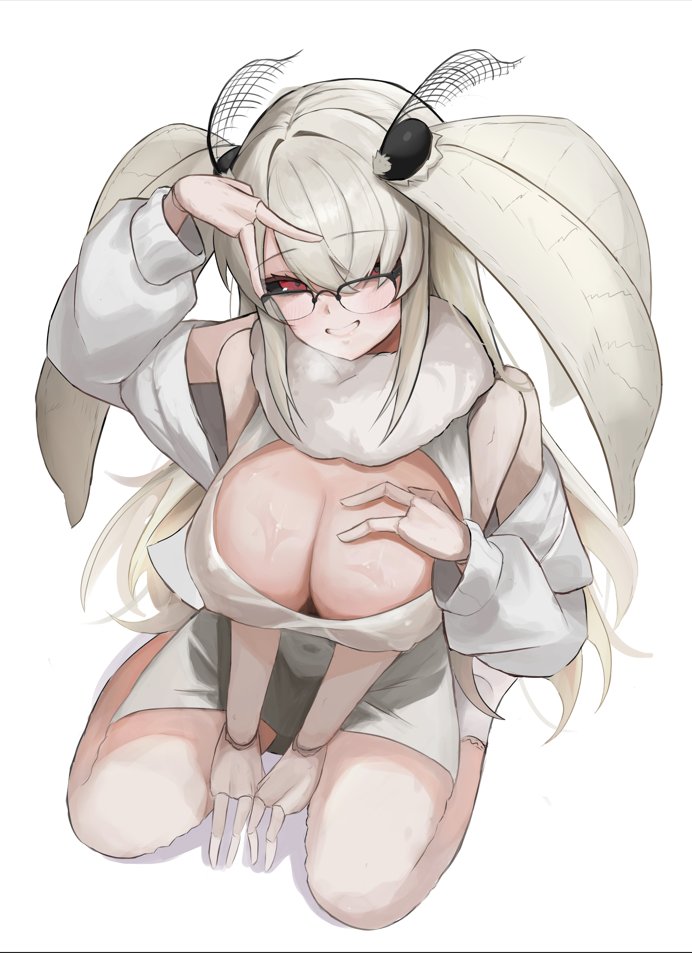 1girl antennae arthropod_girl black-framed_eyewear black_sclera blush breasts chinese_commentary cleavage cleavage_cutout clothing_cutout colored_sclera commentary dress english_commentary extra_arms fewer_digits full_body glasses grey_hair grin hair_over_one_eye hoangryu indie_virtual_youtuber insect_girl large_breasts long_bangs long_hair looking_at_viewer mixed-language_commentary moth_girl official_art red_eyes seiza shina_tsukishiro sidelocks simple_background sitting sleeveless sleeveless_dress smile solo v_over_eye very_long_hair virtual_youtuber white_background white_dress