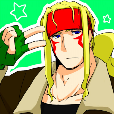 1boy alex_(street_fighter) bad_id bad_pixiv_id blonde_hair blue_eyes bomber_jacket fingerless_gloves frogcage gloves headband jacket light_smile long_hair lowres male_focus solo street_fighter v