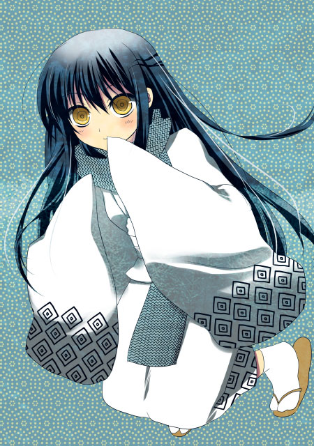 1girl blue_hair blush female_focus japanese_clothes kimono long_hair marigiri_telefone nurarihyon_no_mago pokopi ringed_eyes scarf solo yellow_eyes yuki_onna_(nurarihyon_no_mago)