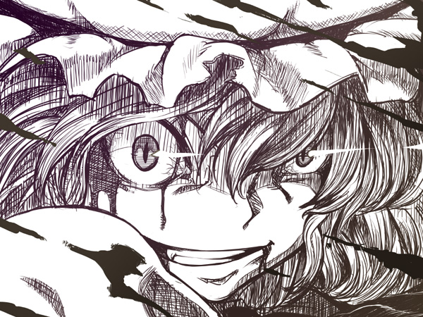 1girl blood constricted_pupils crazy_eyes fangs female_focus monochrome nazo_kichi portrait purple_theme remilia_scarlet sketch slit_pupils solo touhou