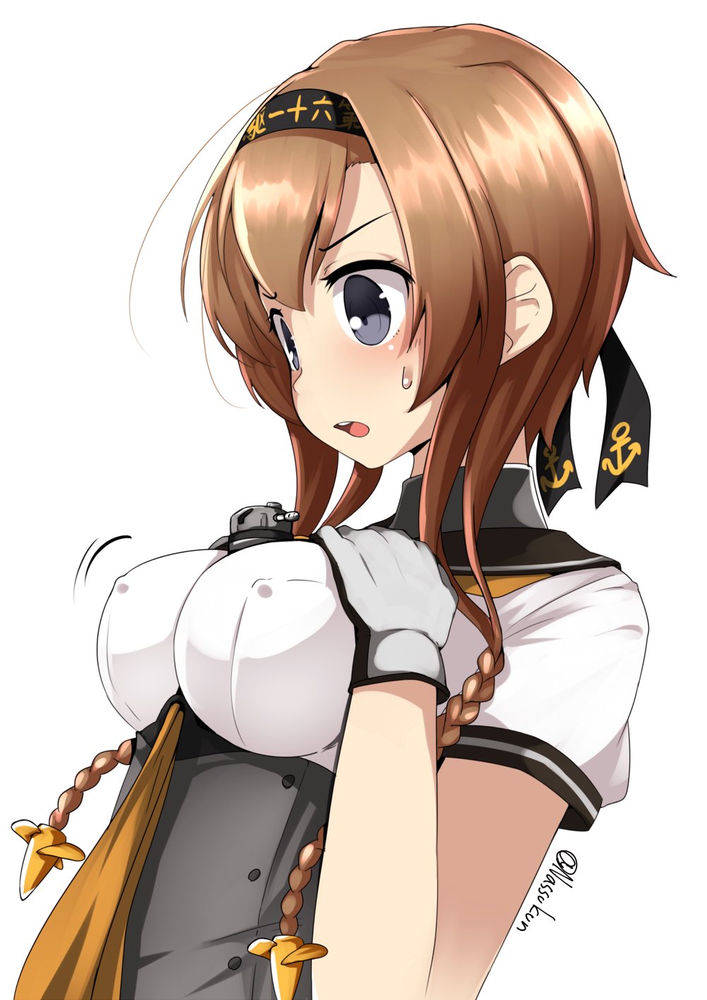 1girl anchor_symbol black_headband black_ribbon black_sailor_collar braid breast_conscious breasts clothes_writing commentary_request gloves grey_eyes grey_gloves hachimaki hair_ornament hands_on_own_chest headband highres kantai_collection large_breasts light_brown_hair long_hair nassukun neckerchief one-hour_drawing_challenge propeller_hair_ornament ribbon sailor_collar school_uniform serafuku simple_background solo teruzuki_(kancolle) twin_braids upper_body white_background yellow_neckerchief