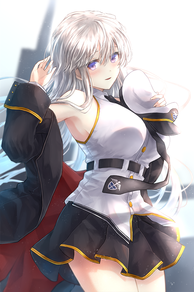 1girl armpits azur_lane blush breasts coat enterprise_(azur_lane) hat large_breasts long_hair looking_at_viewer necktie notofuku off-shoulder_coat off_shoulder peaked_cap pleated_skirt purple_eyes shadow sideboob silver_hair simple_background skirt solo thighhighs white_background zettai_ryouiki