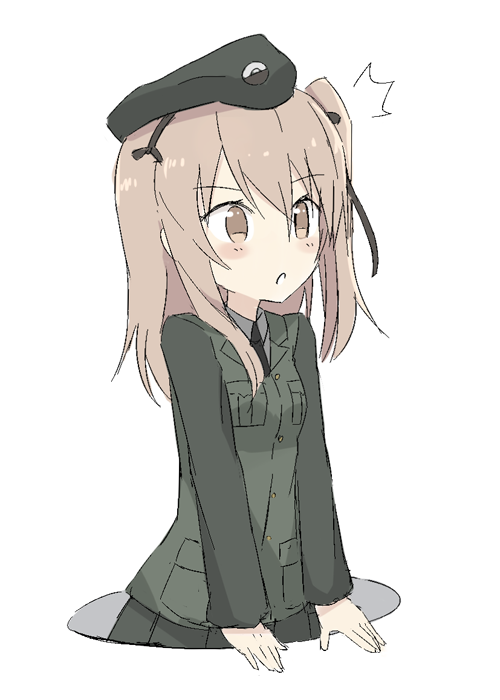 10s 1girl bandages beret black_hat black_jacket black_necktie black_ribbon brown_eyes closed_mouth dress_shirt emblem female_focus girls_und_panzer hair_ribbon hat holding jacket japanese_tankery_league_(emblem) light_brown_hair light_smile long_hair looking_at_viewer military military_uniform miniskirt necktie pleated_skirt ribbon selection_university_military_uniform shimada_arisu shirt shuuichi_(gothics) side_ponytail simple_background skirt solo standing stuffed_animal stuffed_toy teddy_bear white_background