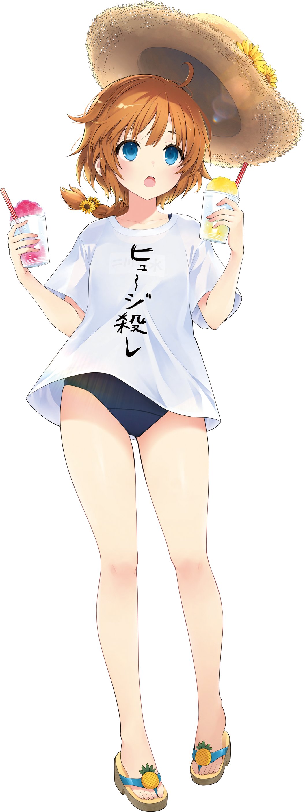 1girl absurdres ahoge assault_lily bare_legs blue_eyes blue_one-piece_swimsuit braid braided_ponytail brown_hat collarbone commentary_request condensation cup flip-flops flower food full_body futagawa_fumi hair_flower hair_ornament hands_up hat hat_flower hat_loss highres holding holding_cup hotaru_(ultraroly_poly) lens_flare light_blush long_hair looking_ahead looking_up low_ponytail name_tag no_pants official_alternate_costume official_art one-piece_swimsuit open_mouth orange_hair sandals school_swimsuit see-through_clothes see-through_shirt shaved_ice shirt short_sleeves simple_background single_braid solo spoon straw_hat sun_hat sunflower swimsuit swimsuit_under_clothes unworn_hat unworn_headwear white_background white_shirt yellow_flower