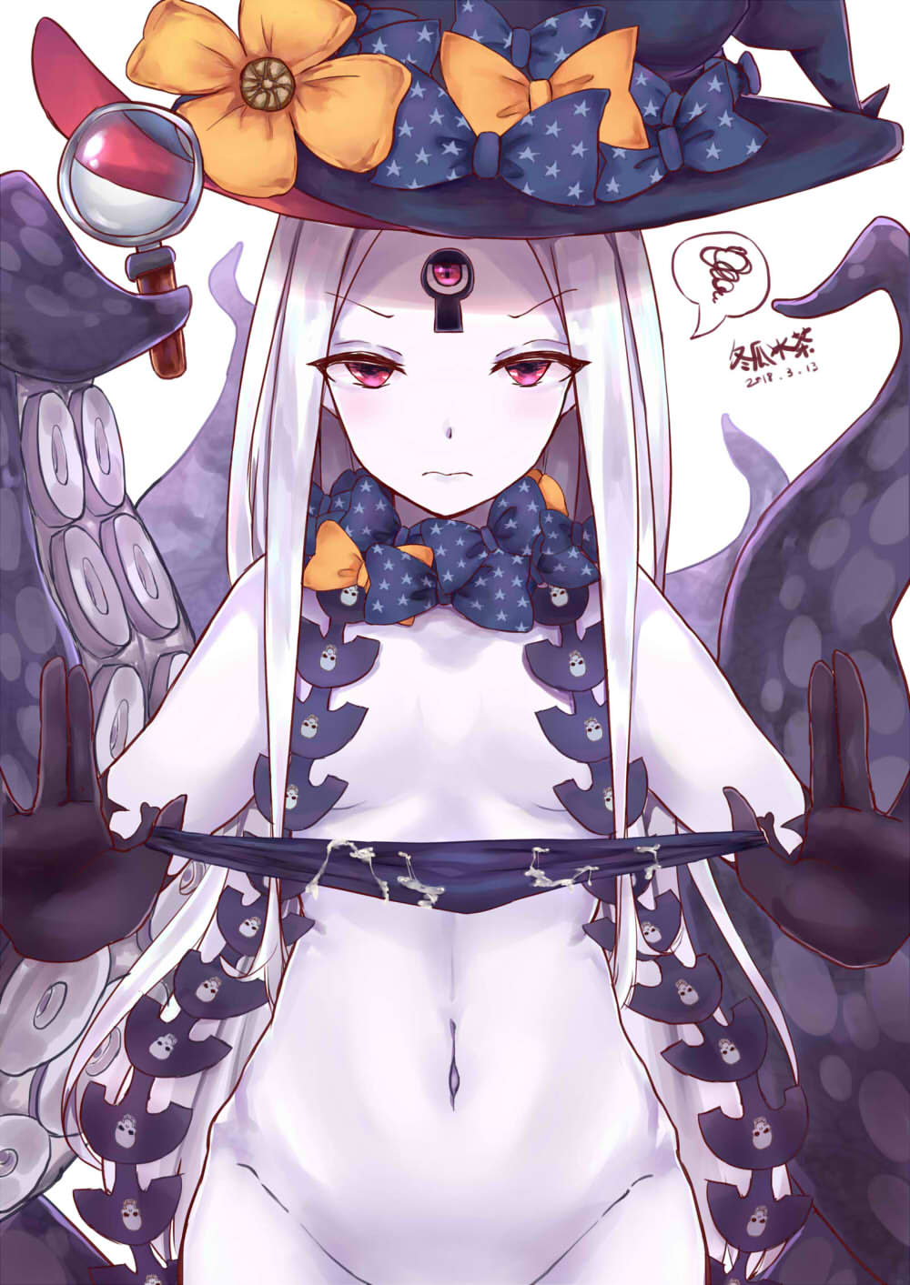 1girl 3: abigail_williams_(fate) abigail_williams_(third_ascension)_(fate) black_bow black_gloves black_hat black_panties bow breasts closed_mouth commentary_request cum cum_on_clothes dated donggua_bing_cha elbow_gloves fate/grand_order fate_(series) female_focus gloves groin hat hat_bow highres long_hair magnifying_glass medium_breasts orange_bow out-of-frame_censoring pale_skin panties parted_bangs print_bow purple_eyes revealing_clothes silver_hair simple_background skull_print solo spoken_squiggle squiggle star_(symbol) star_print suction_cups tentacles thighhighs topless underwear unworn_panties v-shaped_eyebrows very_long_hair white_background witch_hat