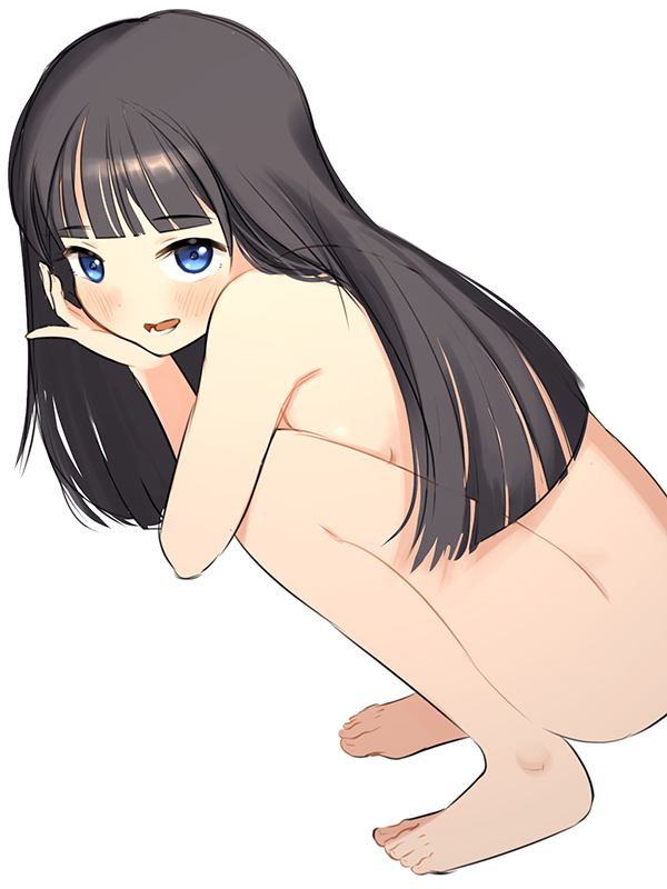 1girl barefoot black_hair blue_eyes blush completely_nude feet female_focus hand_on_own_cheek hand_on_own_face kai-o long_hair looking_at_viewer nude open_mouth original smile solo squatting thighs toes