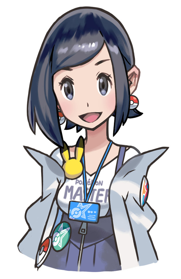 1girl badge black_eyes black_hair blue_skirt blush body_blush breasts button_badge character_badge clothes_writing collarbone copyright_name creatures_(company) earrings game_freak gen_1_pokemon gen_2_pokemon hair_behind_ear id_card jacket jewelry kana_(pokemon) medium_breasts nintendo off-shoulder_jacket off_shoulder official_art open_clothes open_jacket open_mouth pikachu poke_ball_earrings poke_ball_print poke_ball_symbol poke_ball_theme pokemon pokemon_(creature) pokemon_masters_ex porygon2 shirt skirt smile solo star_(symbol) star_print suspender_skirt suspenders tongue upper_body white_background white_jacket white_shirt zipper_pull_tab