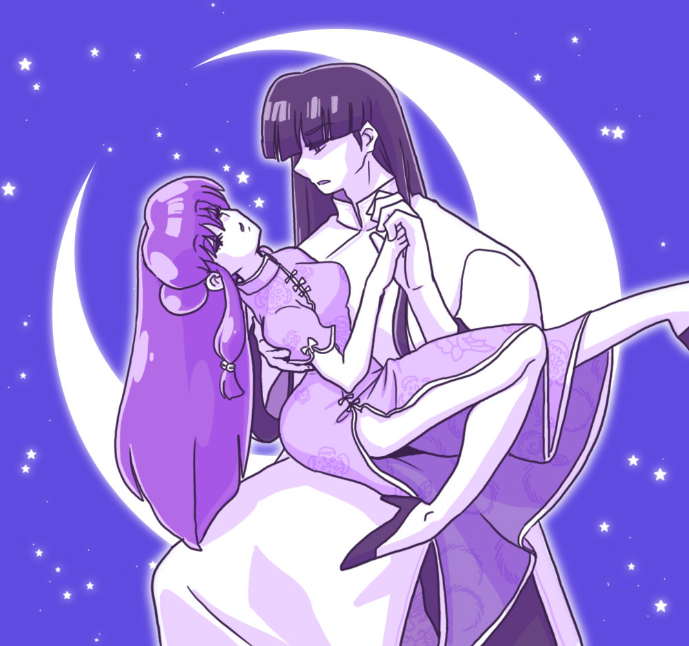 1boy 1girl ass breasts china_dress chinese_clothes couple dancing dress holding_hands moon mousse_(ranma_1/2) night night_sky ranma_1/2 shampoo_(ranma_1/2) sky star_(sky) wanta_(futoshi)