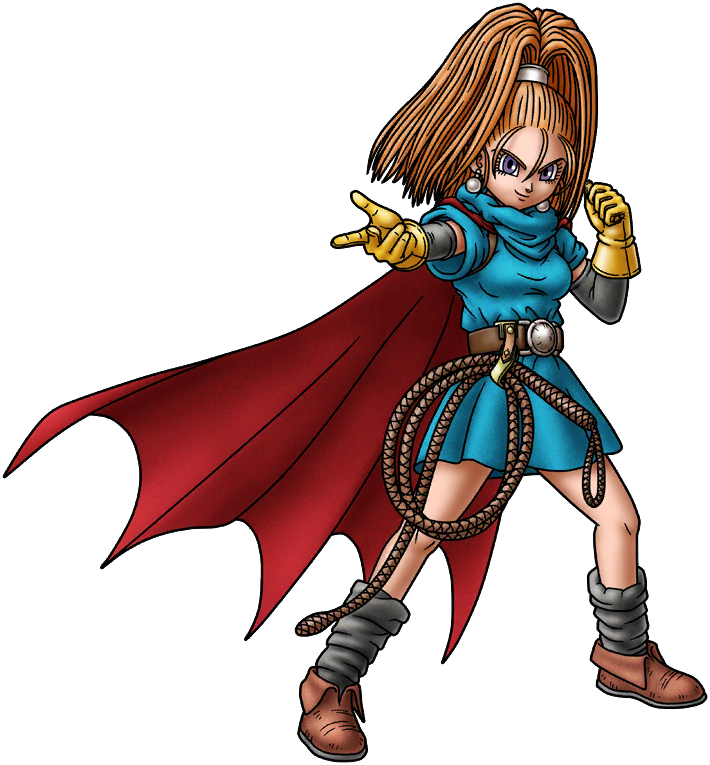 1girl artist_request barbara_(dq6) blue_tunic brown_footwear cape clenched_hand dragon_quest dragon_quest_tact dragon_quest_vi earrings full_body gloves high_ponytail jewelry looking_at_viewer official_art orange_hair purple_eyes red_cape solo sphere_earrings third-party_source transparent_background tunic whip yellow_gloves