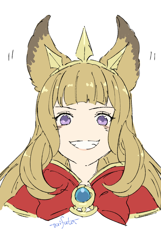 animal_ears blonde_hair cagliostro_(granblue_fantasy) capelet eyebrows granblue_fantasy grin hairband long_hair mifuta purple_eyes red_capelet red_neckwear smile very_long_hair