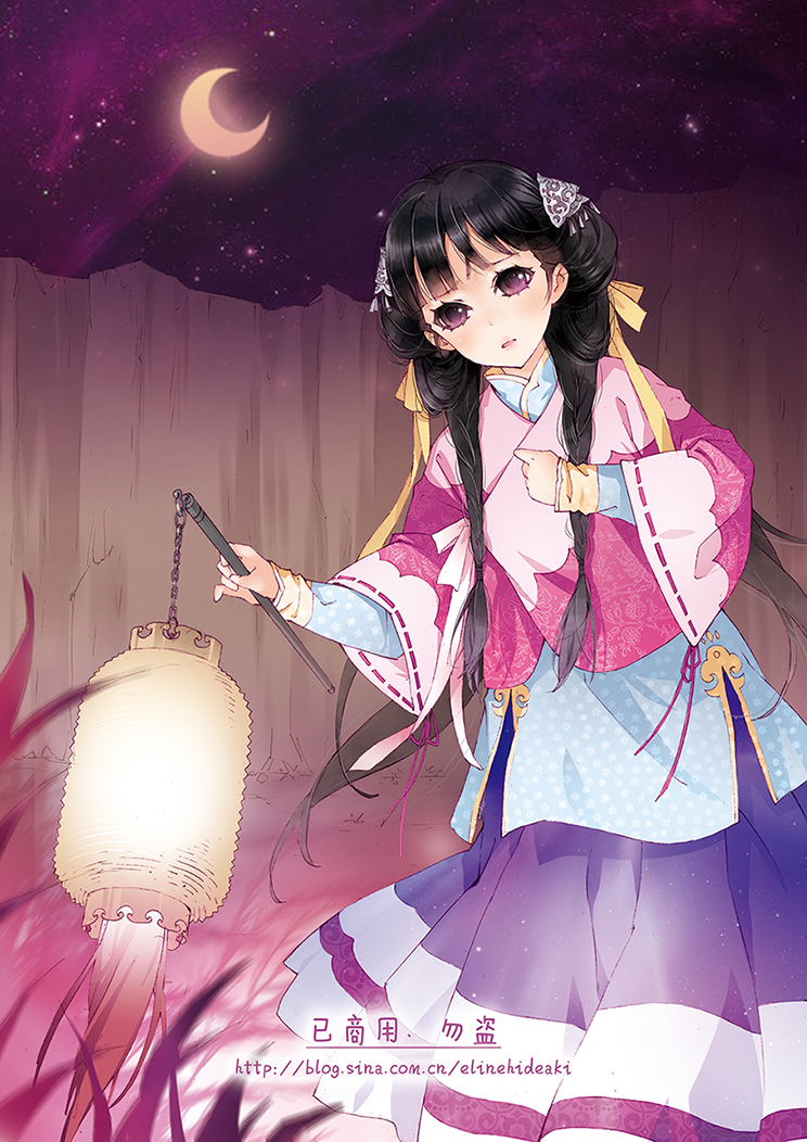 1girl aoqun black_hair braid brown_eyes chinese_clothes elinehideaki hanfu jiaoling_ruqun lantern long_hair mandarin_collar moon night original outdoors purple_skirt skirt sky solo twin_braids