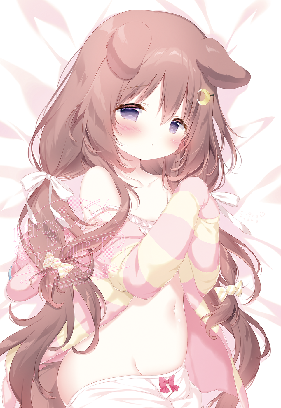 1girl animal_ears azur_lane bare_shoulders bed_sheet bloomers bloomers_pull blush bow bow_bloomers brown_hair camisole cardigan collarbone commentary crescent crescent_hair_ornament dakimakura_(medium) dog_ears dog_girl frilled_camisole frills fumizuki_(azur_lane) fumizuki_(sleepy_fairy)_(azur_lane) hair_between_eyes hair_ornament hair_ribbon hairclip hands_up highres long_hair long_sleeves looking_at_viewer low_twintails lying navel official_alternate_costume on_back open_cardigan open_clothes own_hands_together parted_lips pink_bow pink_cardigan purple_eyes ribbon shiratama_(shiratamaco) sleeves_past_wrists solo strap_slip striped_cardigan twintails underwear upper_body watermark white_bloomers white_camisole white_ribbon yellow_cardigan