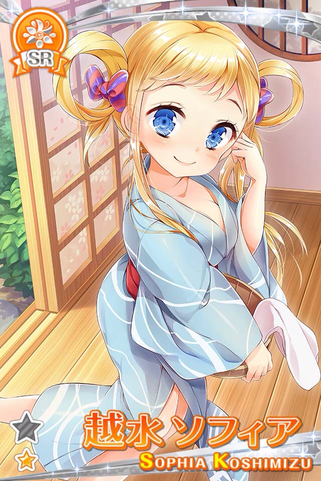 1girl bath_yukata blonde_hair blue_eyes blue_kimono blush bow breasts bucket bush character_name cleavage closed_mouth diagonal-striped_bow dot_nose feet_out_of_frame from_side game_cg grimoire_~shiritsu_grimoire_mahou_gakuen~ hair_rings hand_towel hand_up holding holding_bucket indoors japanese_clothes kimono koshimizu_sofia long_hair looking_at_viewer obi official_art red_bow sash shouji sidelocks sliding_doors smile solo standing standing_on_one_leg third-party_source wooden_bucket wooden_floor yukata