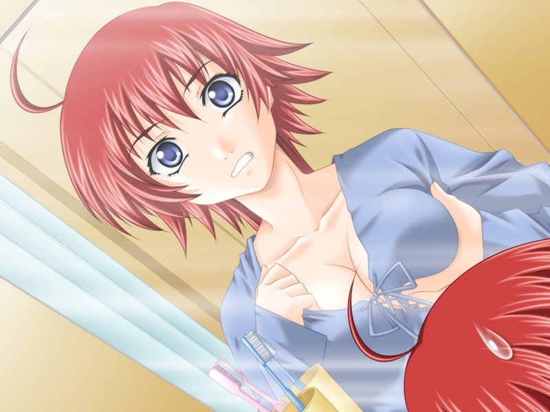 1girl aqua_eyes breasts cleavage grabbing_another&#039;s_breast grabbing_own_breast groping red_hair sakurazuka_kaoru short_hair window yin-yang!_x-change_alternative