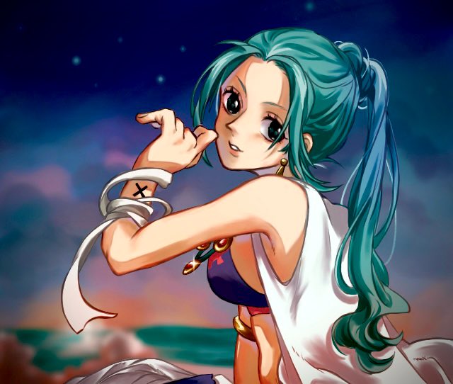 1girl armlet bandages blue_hair commentary cross earrings jewelry looking_at_viewer necklace nefertari_vivi night night_sky one_piece parted_lips ponytail sidelocks sinoda_maru7326 sky solo upper_body