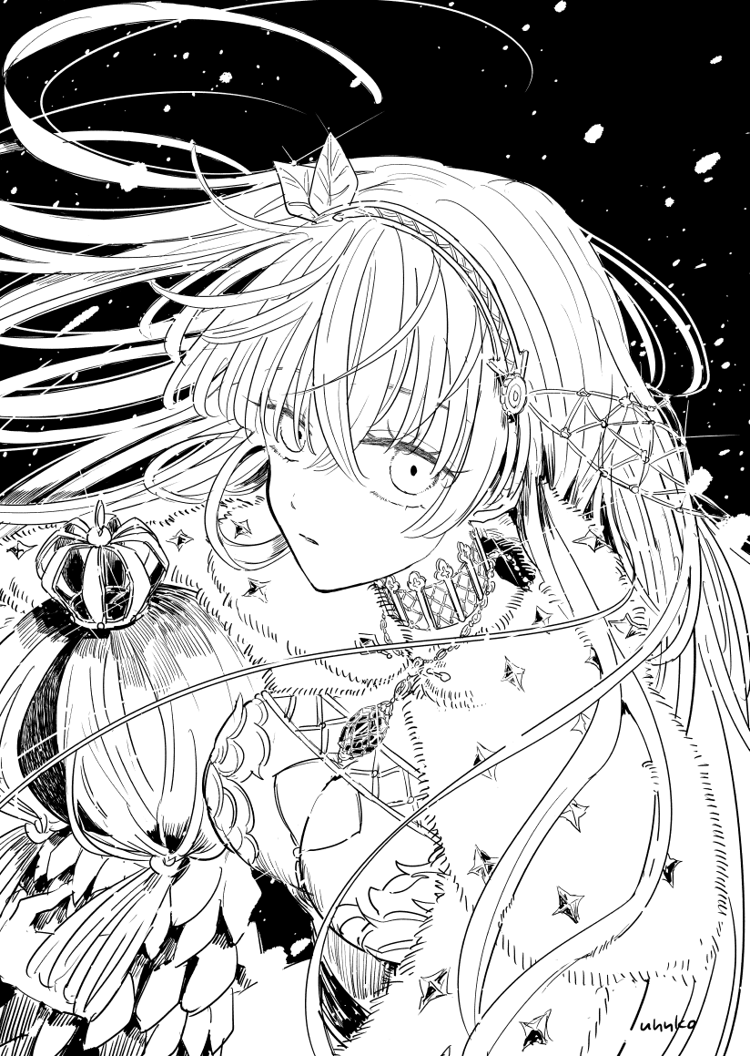 1girl anastasia_(fate) black_background breasts cape cleavage doll fate/grand_order fate_(series) fur-trimmed_cape fur_trim greyscale hairband jewelry long_hair monochrome pendant snow uhana wind