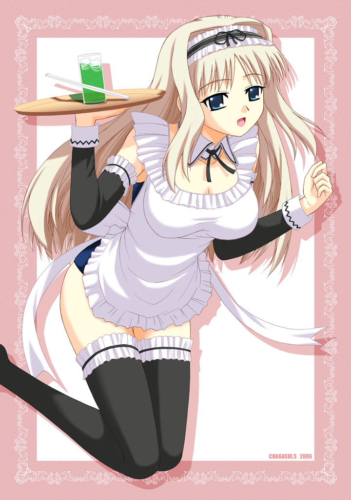 00s 1girl blonde_hair breasts female_focus frilled_thighhighs frills kusugawa_sasara large_breasts lingerie long_hair maid satou_chagashi solo thighhighs to_heart_(series) to_heart_2 underwear