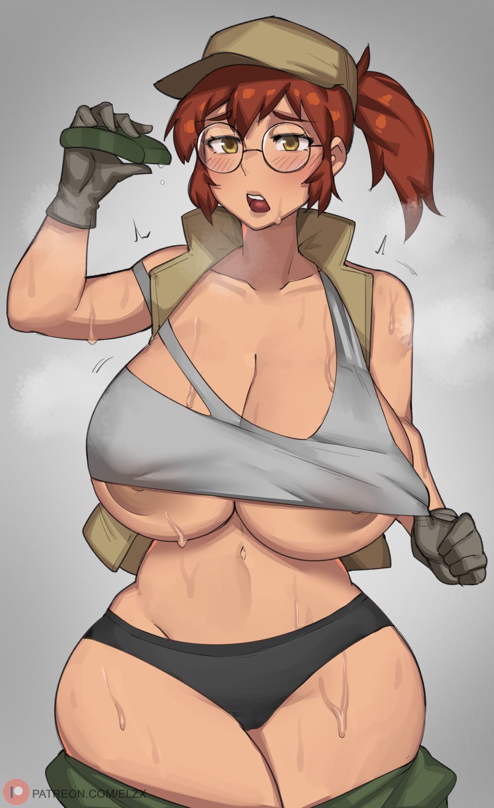 Bob Bobtheneet Fio Germi Metal Slug Snk Highres 1girl Areola Slip Bare Shoulders Black