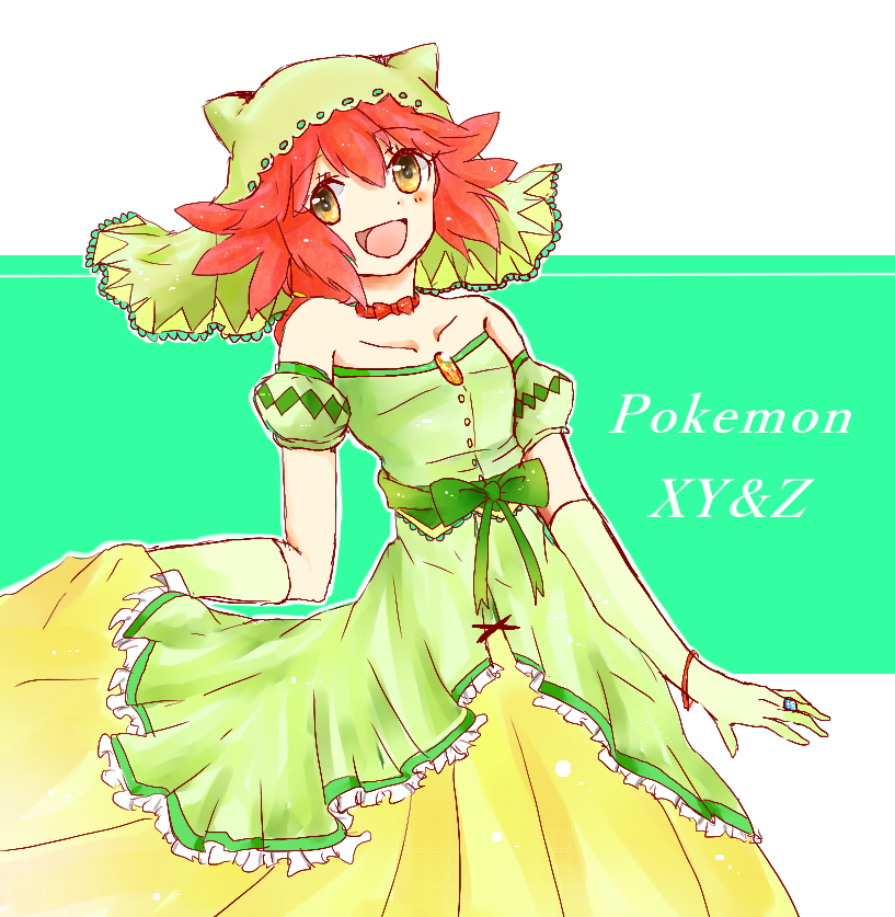 1girl alternate_costume bracelet clothes_lift creatures_(company) dress dress_lift elbow_gloves female_focus game_freak gloves headgear jewelry looking_at_viewer mairin_(pokemon) neck neck_ribbon nintendo pachii_(vinsento) pokemon pokemon_(anime) red_hair ribbon ring short_hair sleeveless sleeveless_dress smile solo