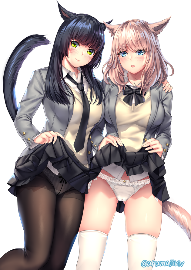 2girls :o animal_ears arm_around_shoulder aruma_jiki beige_vest black_bow black_hair black_neckwear black_skirt blue_eyes bow bow_panties bowtie breasts cameltoe cat_ears cat_girl cat_tail clothes_lift collar collared_shirt facial_mark final_fantasy final_fantasy_xiv frilled_panties frills gluteal_fold green_eyes grey_jacket hand_on_another&#039;s_shoulder jacket large_breasts lifting_own_clothes light_blush long_hair miqo&#039;te multiple_girls necktie open_clothes open_jacket open_mouth over-kneehighs panties panties_under_pantyhose pantyhose pink_hair pleated_skirt school_uniform shirt side-tie_panties simple_background skindentation skirt skirt_lift smile striped_clothes striped_panties tail thighband_pantyhose thighhighs thighs twitter_username underwear warrior_of_light_(ff14) white_background white_collar white_legwear white_panties