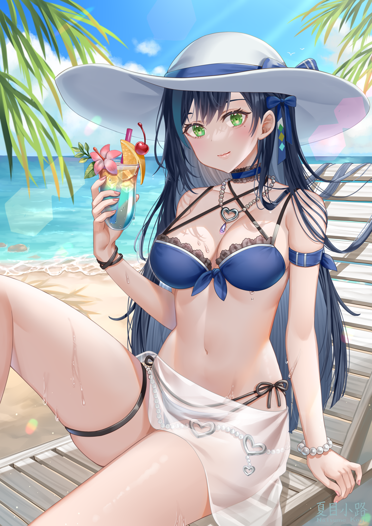 1girl arm_strap bare_shoulders beach bead_bracelet bead_necklace beads bikini black_hair blue_bikini blue_choker bracelet breasts chair choker cleavage closed_mouth day frilled_bikini frills front-tie_bikini_top front-tie_top green_eyes hand_up hat holding jewelry knee_up large_breasts lin_(tower_of_fantasy) long_hair looking_at_viewer lounge_chair making-of_available mole mole_under_eye multi-strapped_bikini multicolored_hair natsume_koji navel necklace outdoors sarong see-through_clothes side-tie_bikini_bottom sitting skindentation smile solo stomach strap_gap streaked_hair string_bikini sun_hat swimsuit thigh_strap thighs tower_of_fantasy very_long_hair wet white_hat