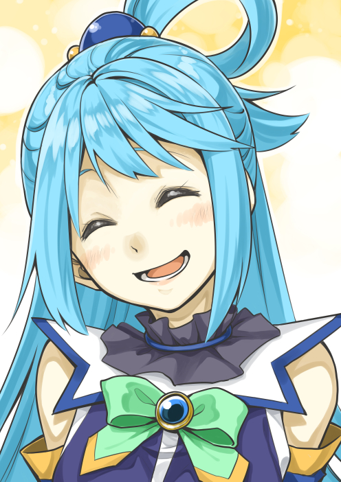 1girl aqua_(konosuba) blue_hair blush closed_eyes female_focus hair_ornament head_tilt kono_subarashii_sekai_ni_shukufuku_wo! long_hair minatsuki_(sitsu) open_mouth smile solo