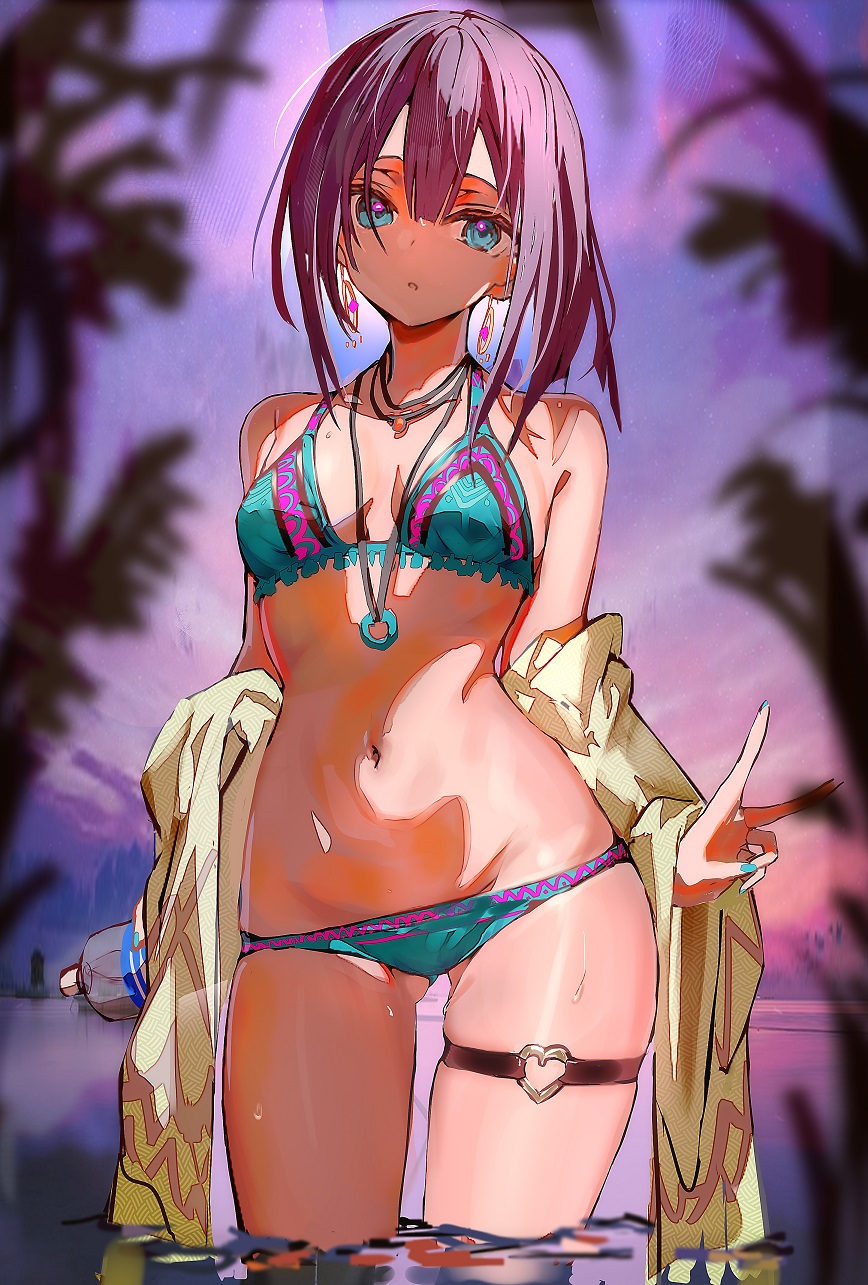 1girl bikini blurry blurry_background bottle enj! highres medium_hair navel original partially_submerged swimsuit thigh_strap v wading water_bottle