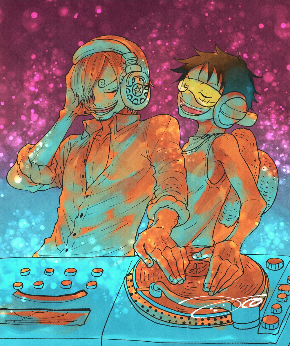 2boys aco_peda black_hair blue_background cigar closed_eyes collared_shirt commentary_request curly_eyebrows dj facial_hair goatee gradient_background hair_over_one_eye hat headphones monkey_d._luffy multiple_boys mustache_stubble one_piece open_mouth phonograph purple_background sanji_(one_piece) scar scar_on_face shirt short_hair signature straw_hat stubble sunglasses tank_top turntable