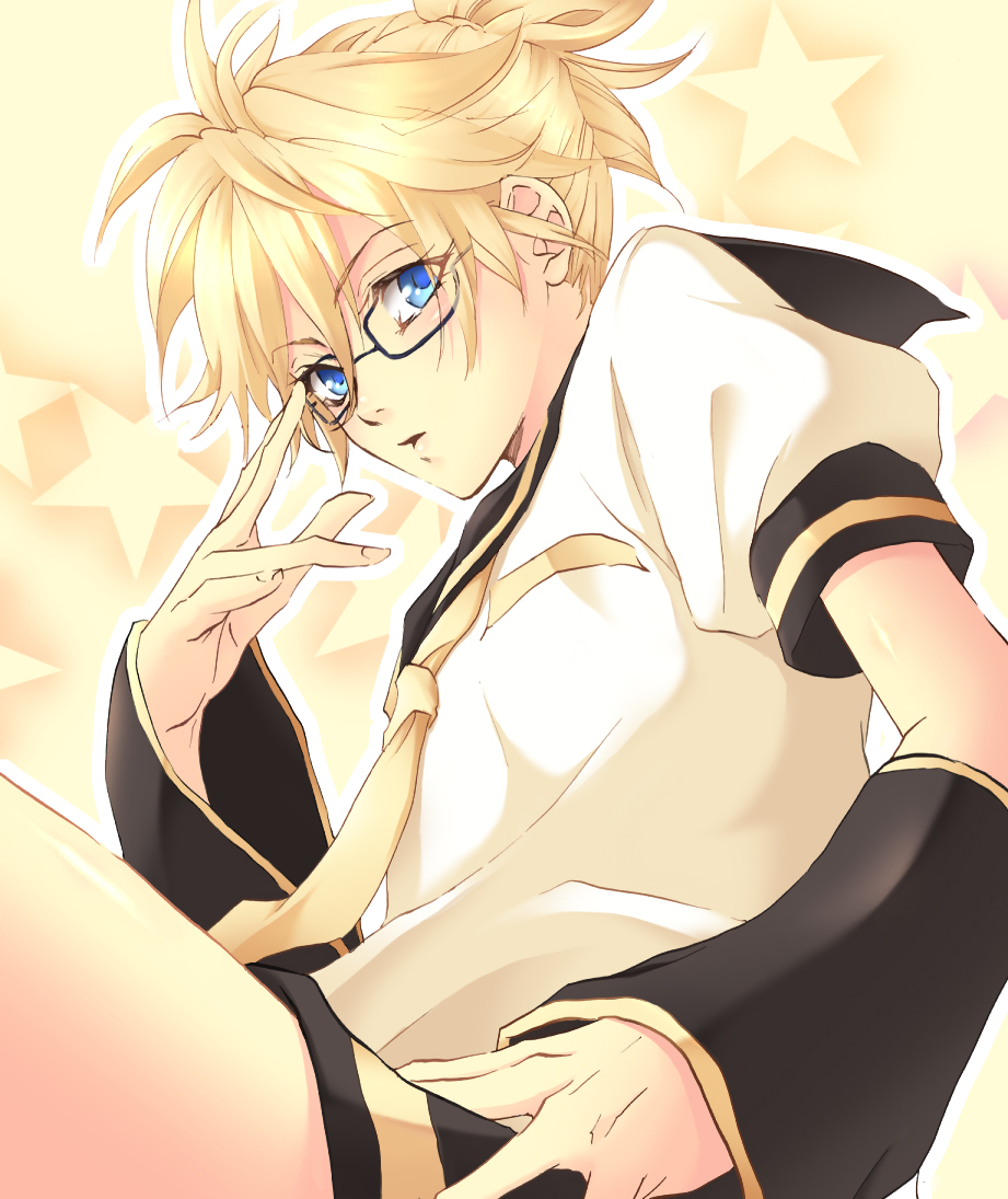 1boy bad_id bad_pixiv_id blonde_hair blue_eyes chihiro4649 colorized glasses hakuseki kagamine_len lineart male_focus monochrome necktie solo vocaloid