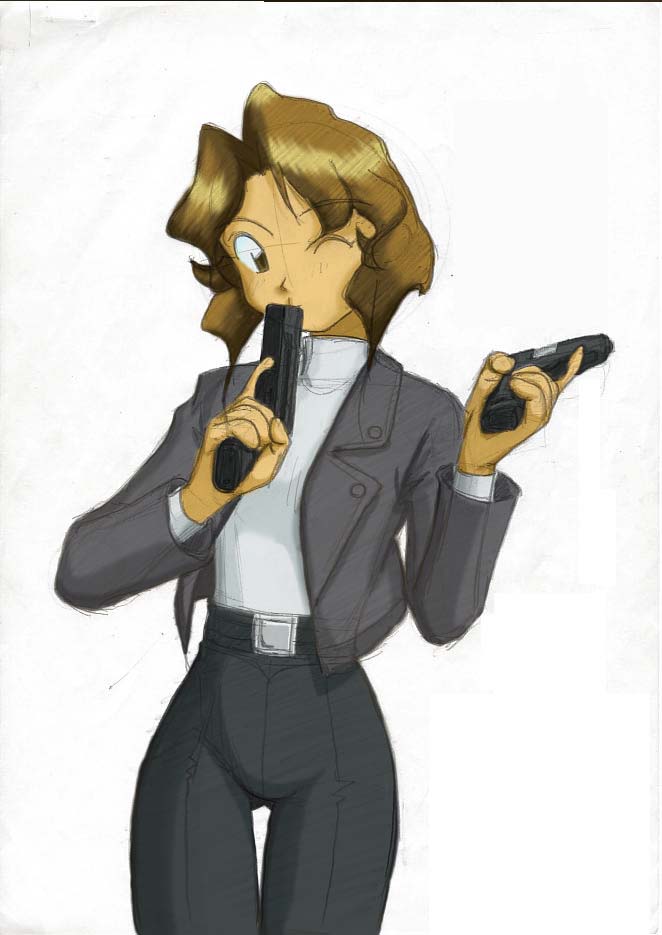 1girl belt black_belt black_jacket black_pants brown_eyes brown_hair dual_wielding grey_shirt gun handgun holding holding_gun holding_weapon jacket long_sleeves looking_at_viewer mi_(pixiv209489) one_eye_closed open_clothes open_jacket pants pistol shirt short_hair standing turtleneck turtleneck_shirt weapon white_background wink