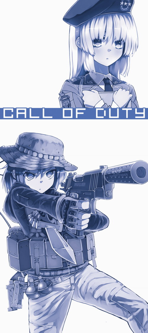 2girls aiming bad_id bad_pixiv_id badge beret call_of_duty call_of_duty:_modern_warfare_2 captain_price copyright_name crossed_arms explosive fingerless_gloves gender_request genderswap general_shepherd_(modern_warfare_2) gloves grenade gun handgun hat hime_cut captain_price knife load_bearing_vest long_hair m1911 military_operator monochrome multiple_girls necktie short_hair siqi_(miharuu) star_(symbol) suppressor weapon